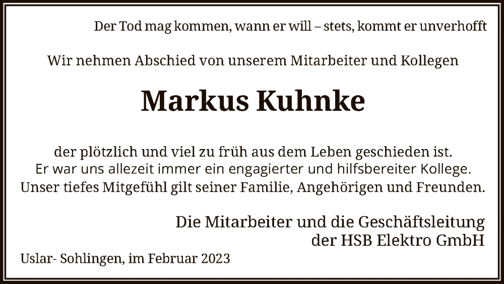  Traueranzeige für Markus Kuhnke vom 18.02.2023 aus HNA