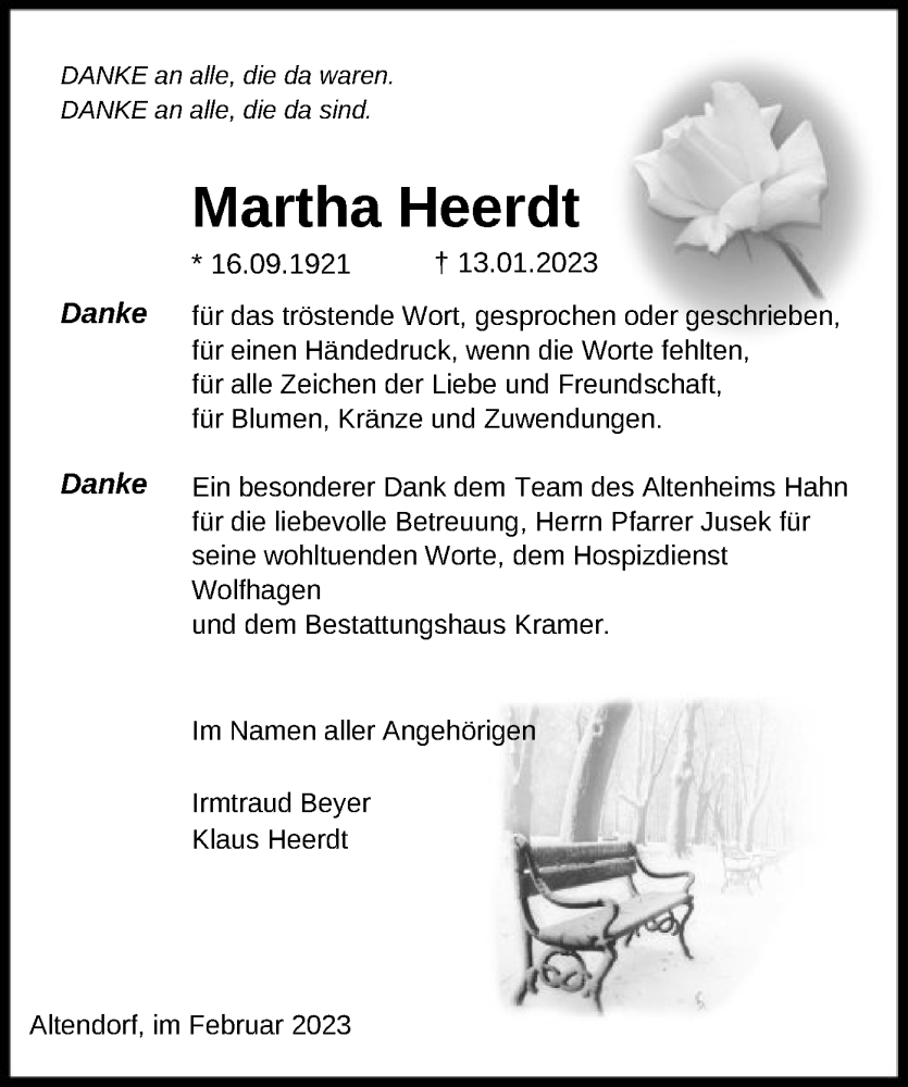  Traueranzeige für Martha Heerdt vom 11.02.2023 aus HNA