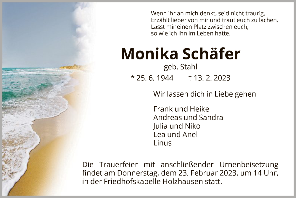  Traueranzeige für Monika Schäfer vom 18.02.2023 aus HNA