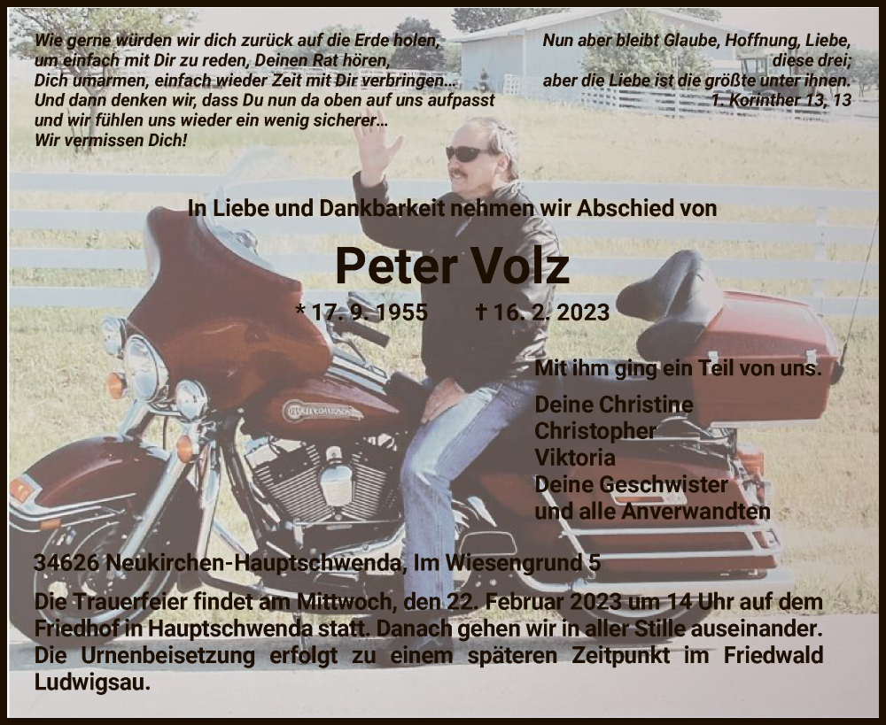  Traueranzeige für Peter Volz vom 18.02.2023 aus HNA