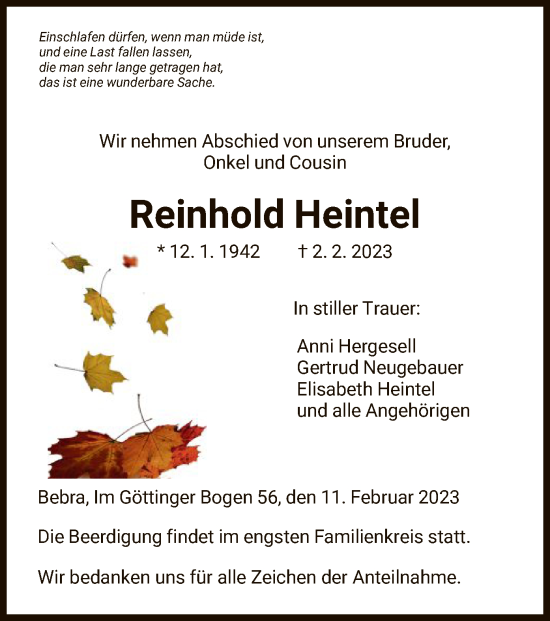 Traueranzeige von Reinhold Heintel von HNA