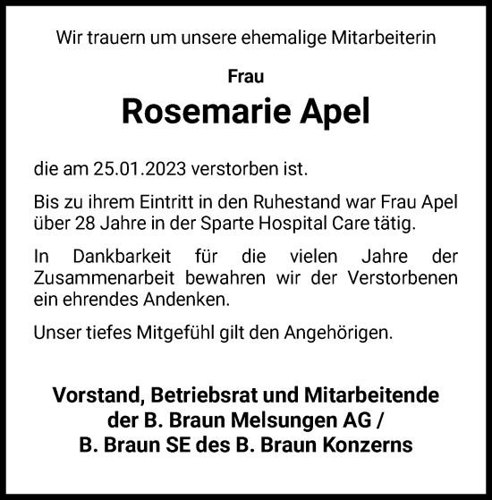 Traueranzeige von Rosemarie Apel von HNA