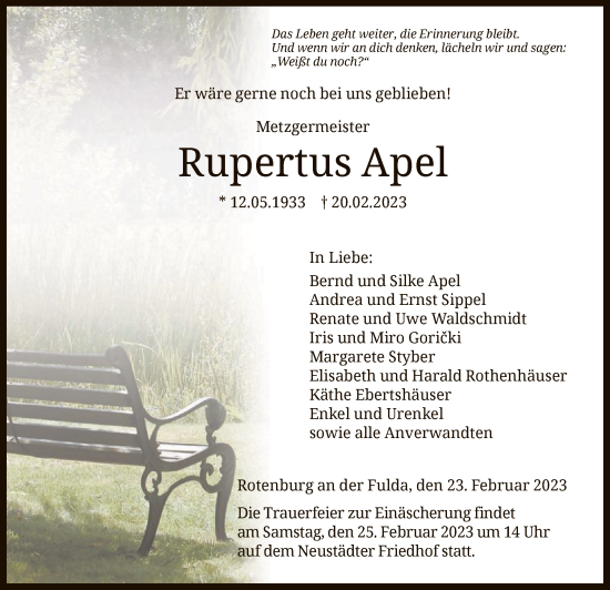 Traueranzeige von Rupertus Apel von HNA