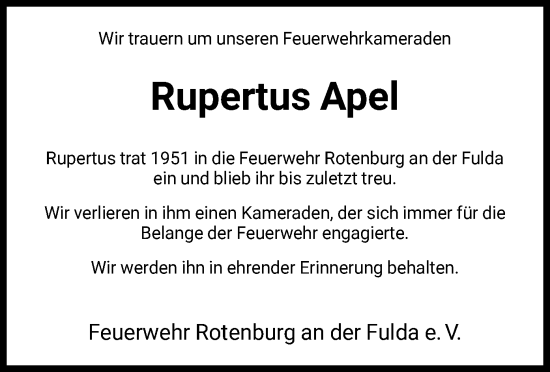 Traueranzeige von Rupertus Apel von HNA