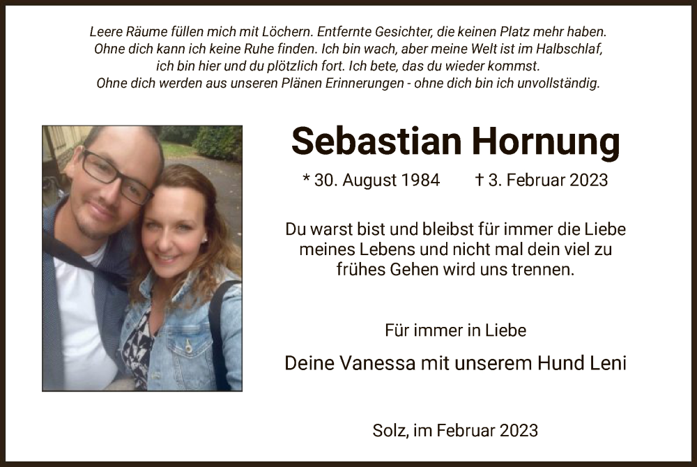  Traueranzeige für Sebastian Hornung vom 09.02.2023 aus HNA