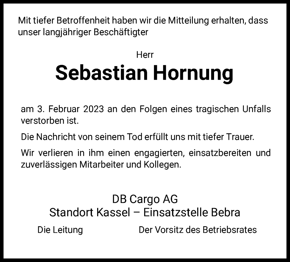  Traueranzeige für Sebastian Hornung vom 22.02.2023 aus HNA