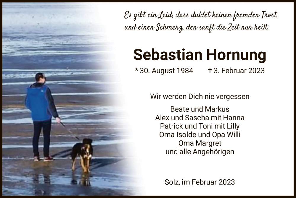  Traueranzeige für Sebastian Hornung vom 09.02.2023 aus HNA