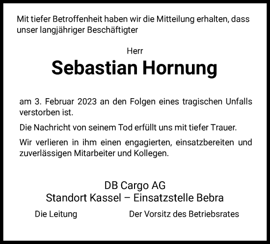 Traueranzeige von Sebastian Hornung von HNA