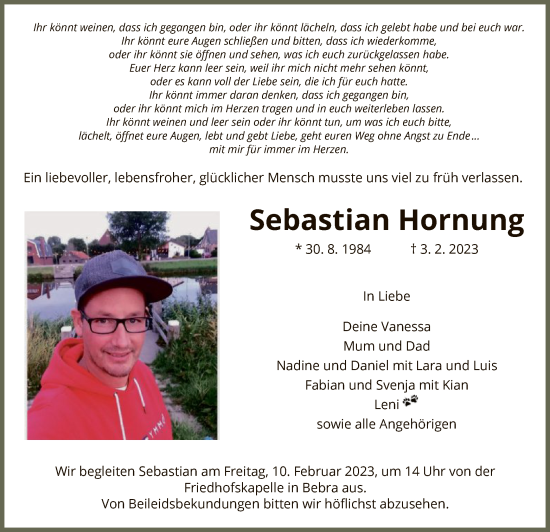 Traueranzeige von Sebastian Hornung von HNA