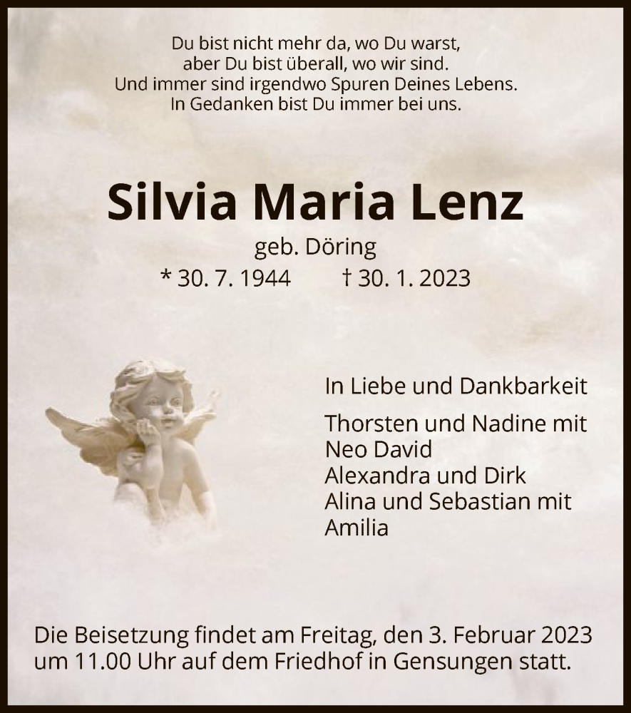  Traueranzeige für Silvia Maria Lenz vom 01.02.2023 aus HNA