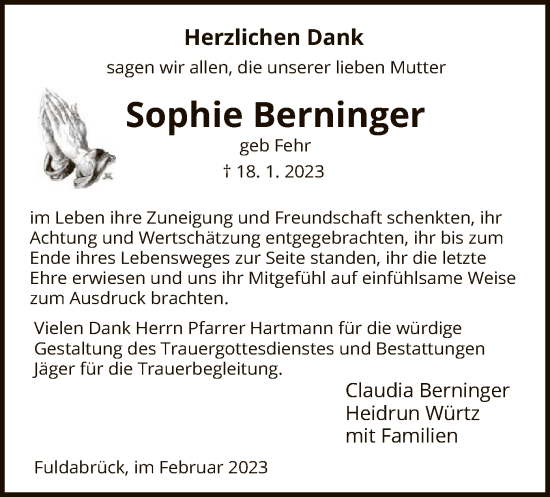 Traueranzeige von Sophie Berninger von HNA