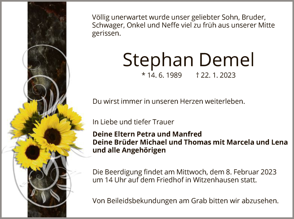 Traueranzeige für Stephan Demel vom 04.02.2023 aus HNA