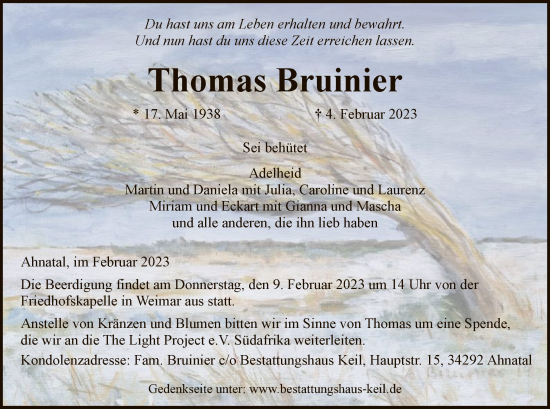 Todesanzeige von Thomas Bruinier von HNA