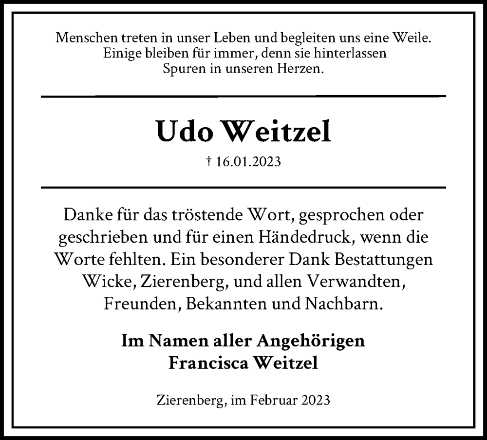  Traueranzeige für Udo Weitzel vom 18.02.2023 aus HNA