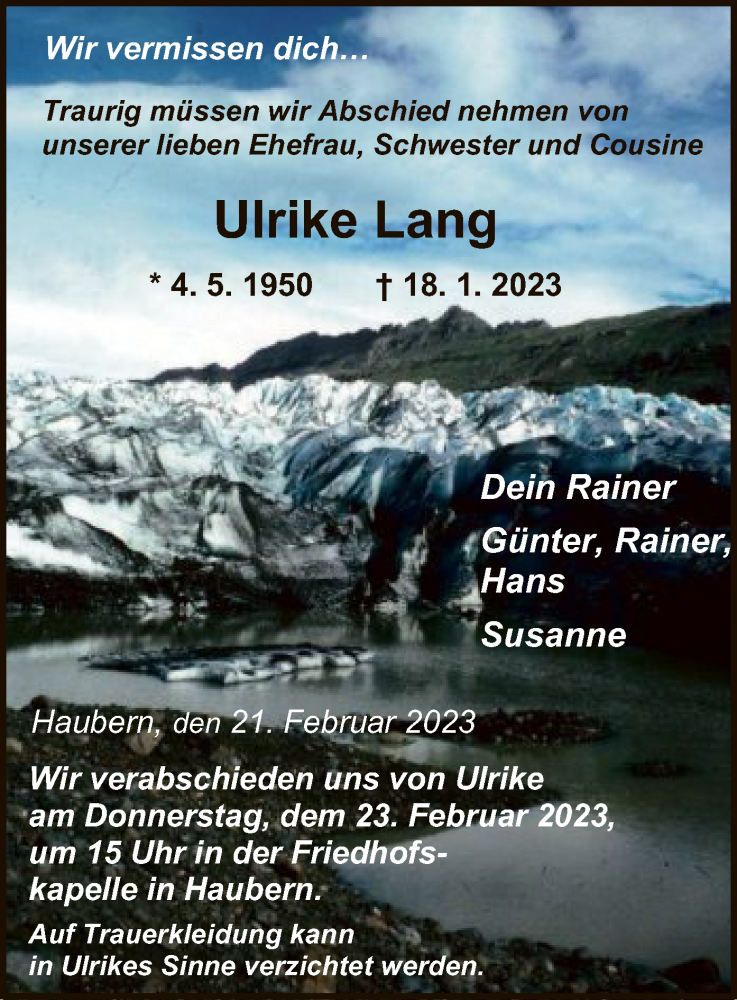  Traueranzeige für Ulrike Lang vom 21.02.2023 aus HNA