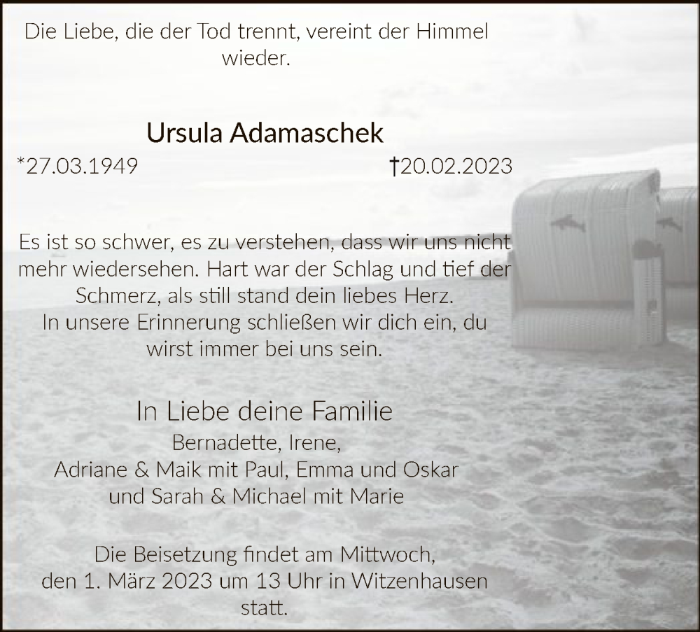  Traueranzeige für Ursula Adamaschek vom 25.02.2023 aus HNA