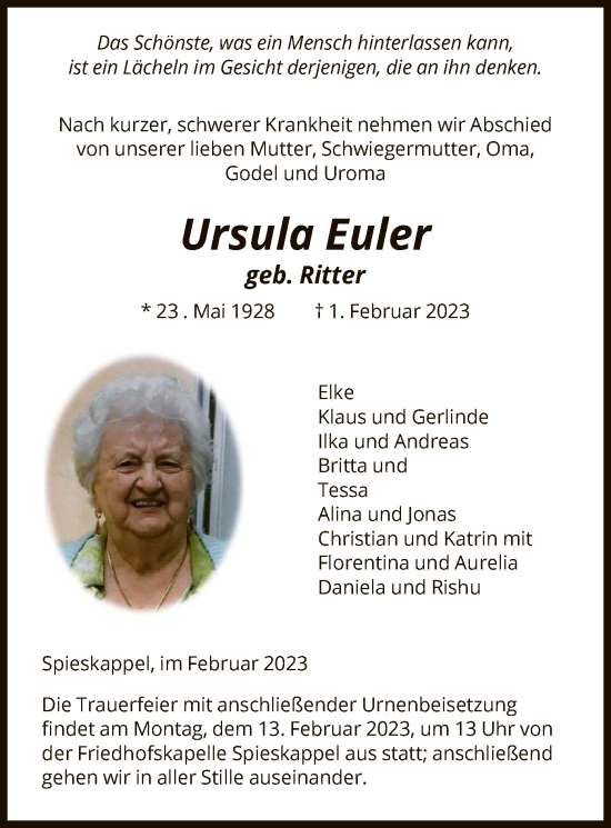 Traueranzeige von Ursula Euler von HNA