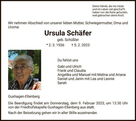 Todesanzeige von Ursula Schäfer von HNA