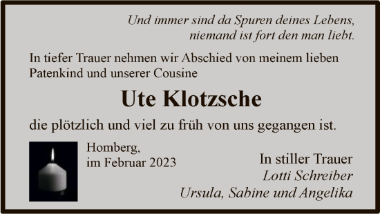 Traueranzeige von Ute Klotzsche von HNA