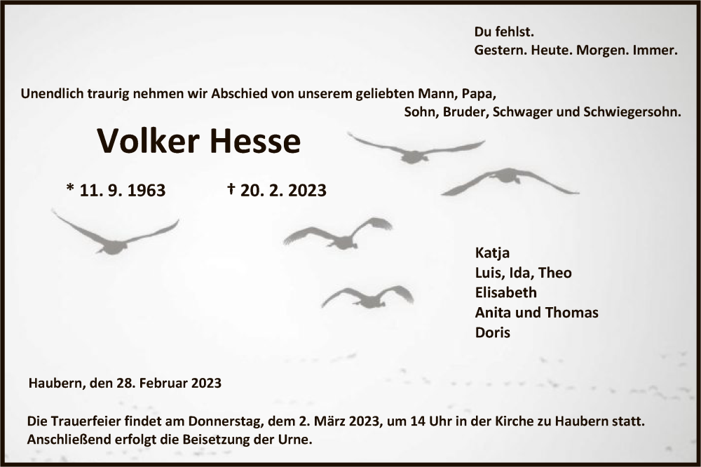  Traueranzeige für Volker Hesse vom 28.02.2023 aus HNA