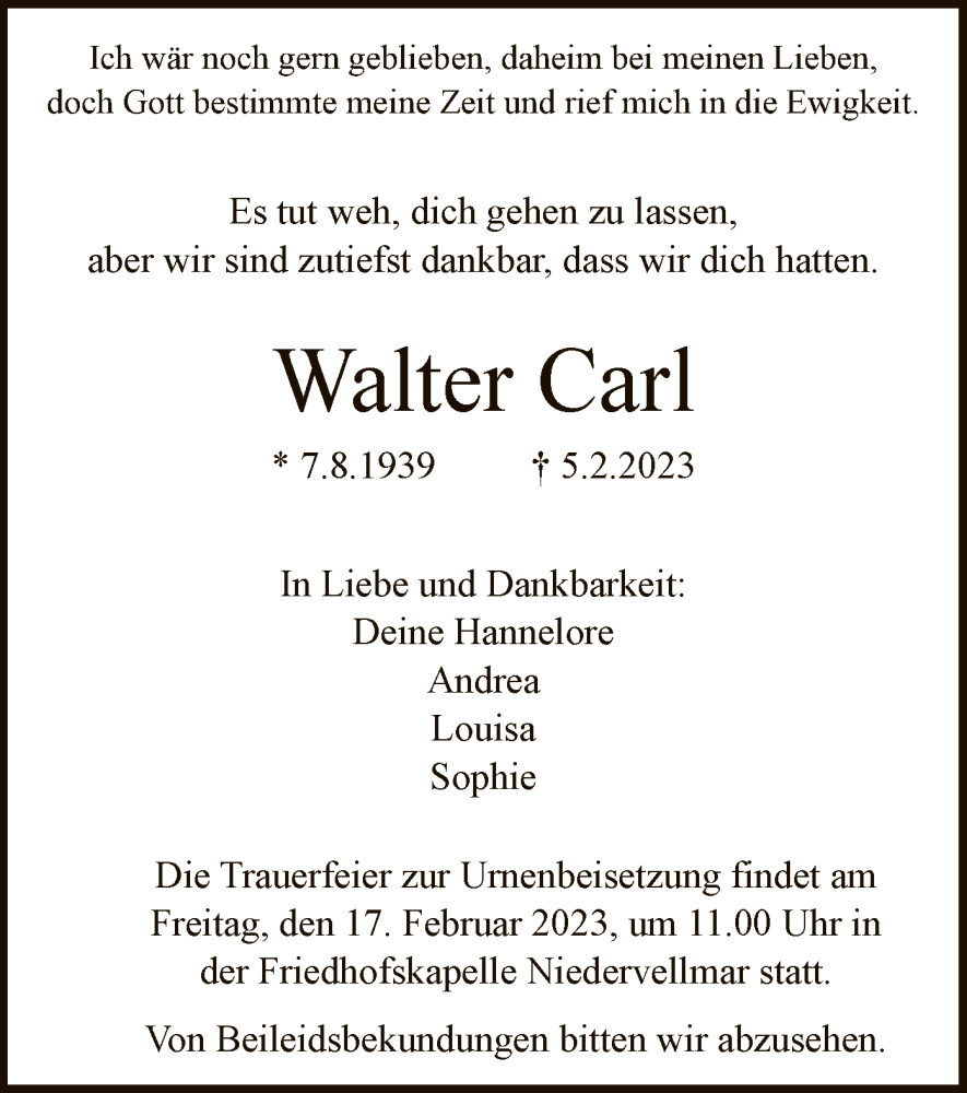  Traueranzeige für Walter Carl vom 11.02.2023 aus HNA