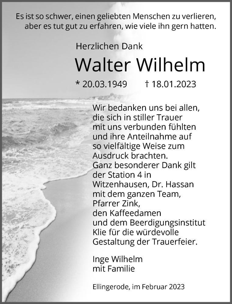  Traueranzeige für Walter Wilhelm vom 11.02.2023 aus HNA