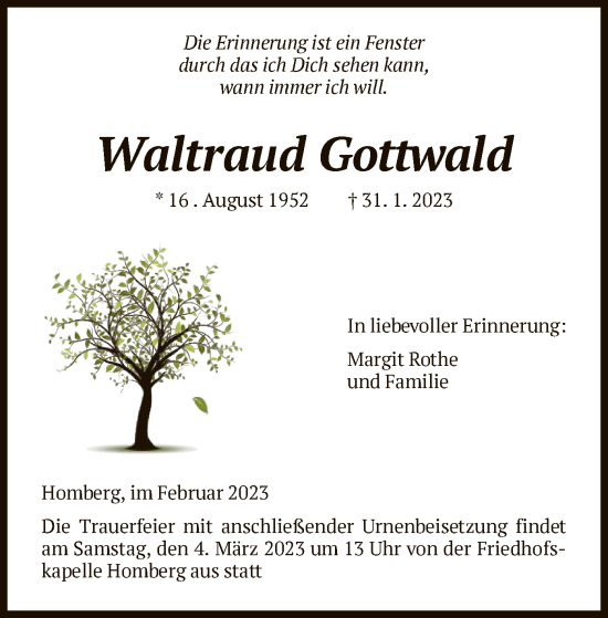 Traueranzeige von Waltraud Gottwald von HNA