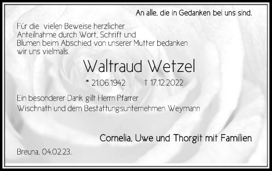 Traueranzeige von Waltraud Wetzel von HNA