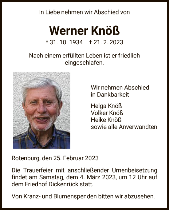 Traueranzeige von Werner Knöß von HNA