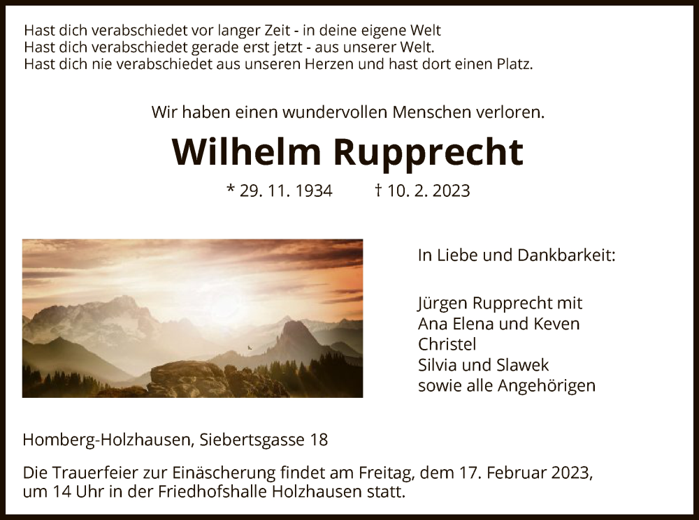  Traueranzeige für Wilhelm Rupprecht vom 15.02.2023 aus HNA