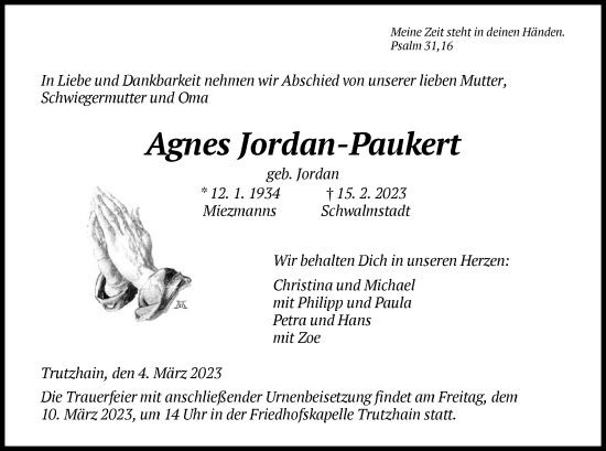 Traueranzeige von Agnes Jordan-Paukert von HNA