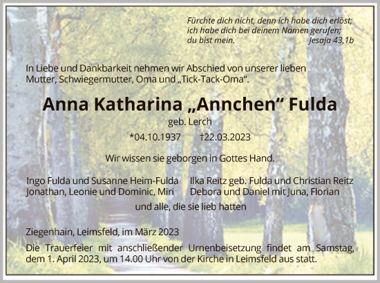 Traueranzeige von Anna Katharina Fulda von HNA