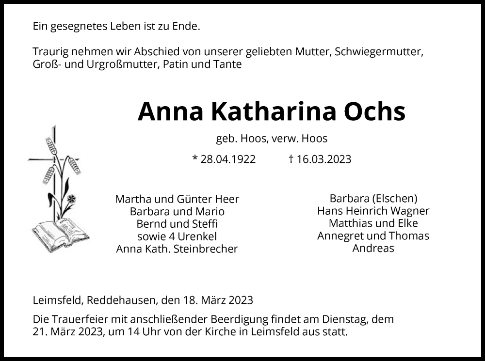  Traueranzeige für Anna Katharina Ochs vom 18.03.2023 aus HNA