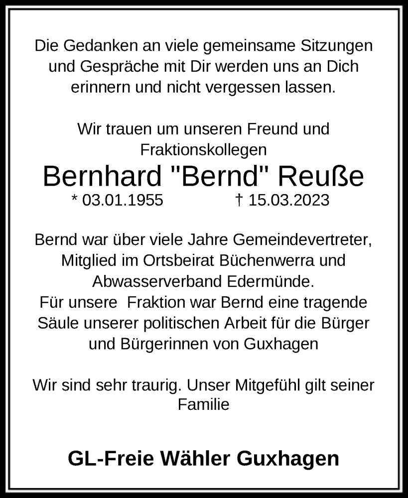  Traueranzeige für Bernhard Reuße vom 21.03.2023 aus HNA