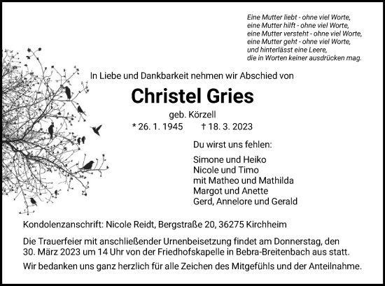 Traueranzeige von Christel Gries von HNA