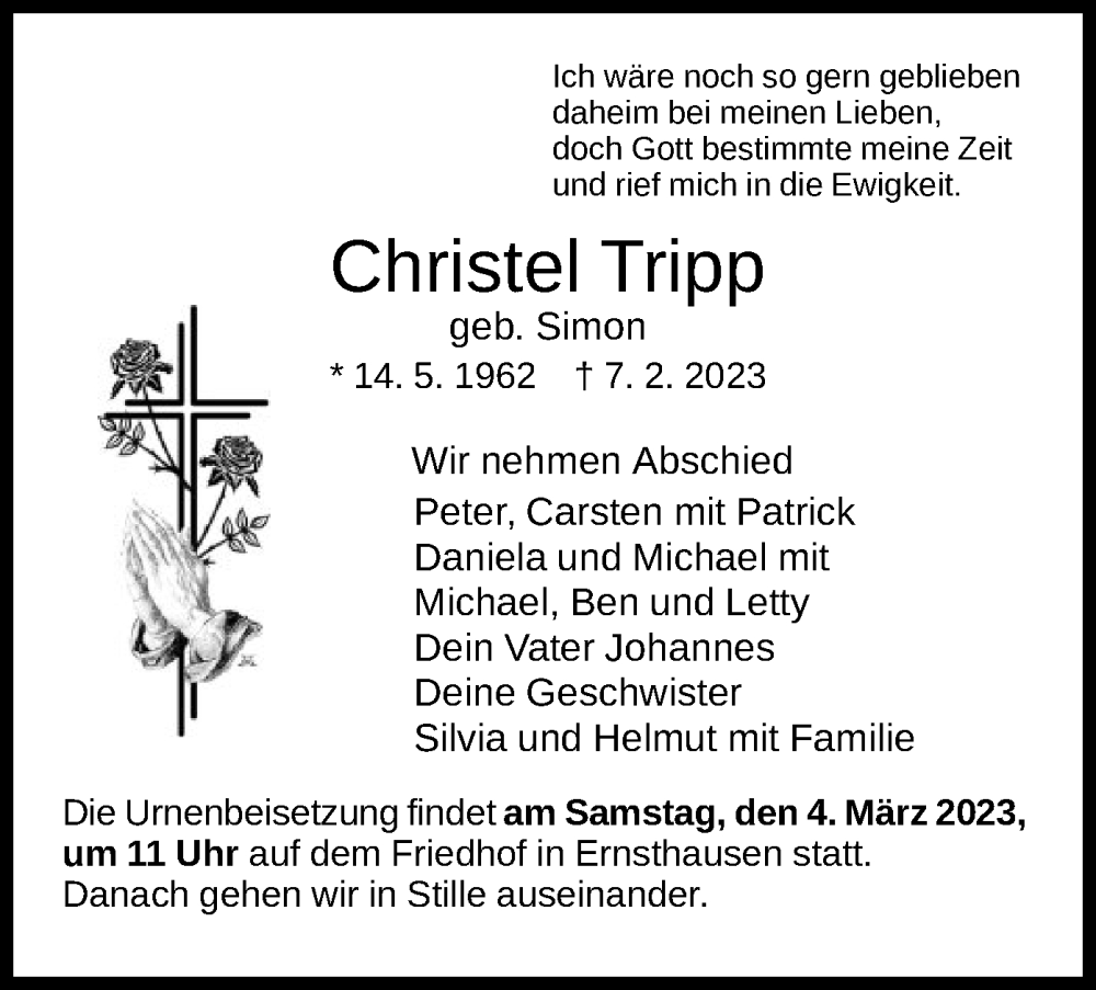  Traueranzeige für Christel Tripp vom 01.03.2023 aus HNA