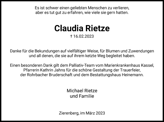 Traueranzeige von Claudia Rietze von HNA