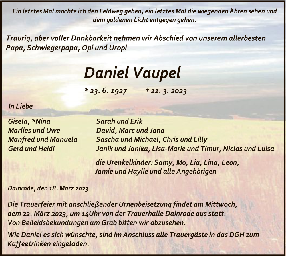  Traueranzeige für Daniel Vaupel vom 18.03.2023 aus HNA