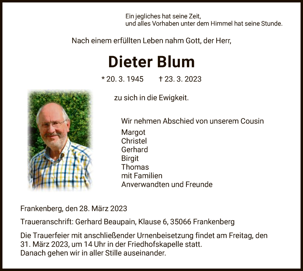  Traueranzeige für Dieter Blum vom 28.03.2023 aus HNA