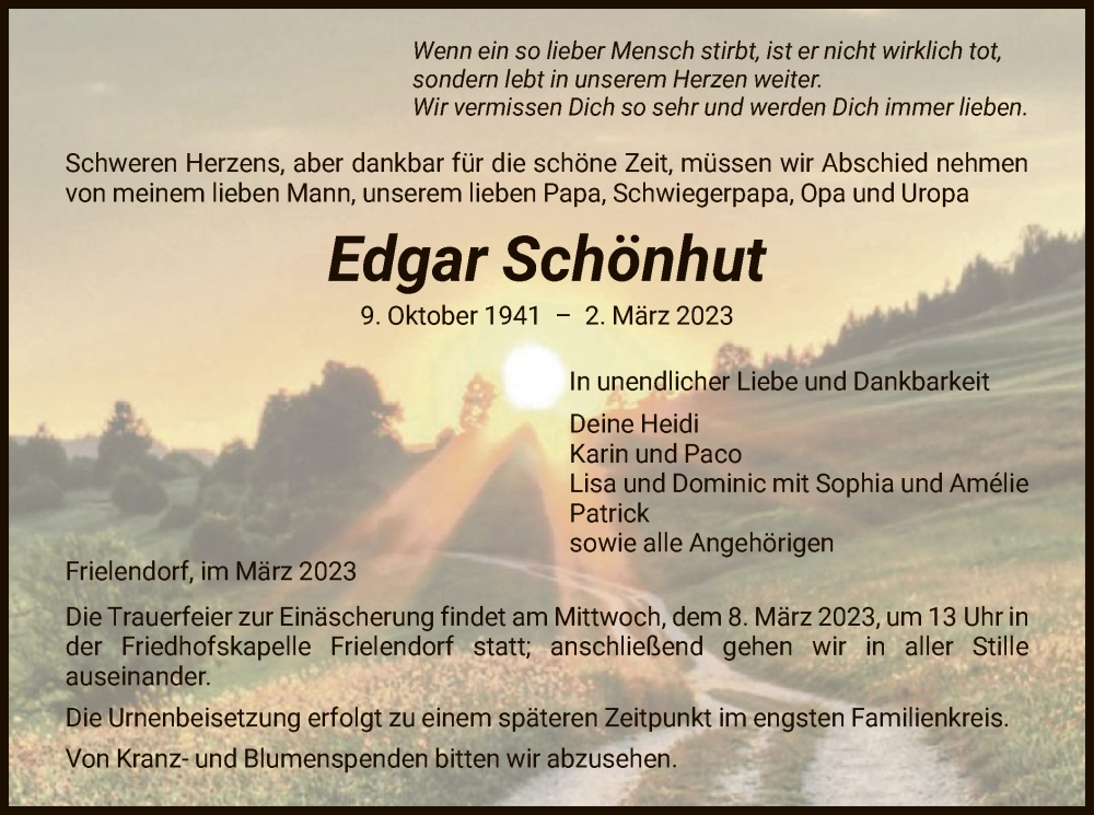  Traueranzeige für Edgar Schönhut vom 04.03.2023 aus HNA