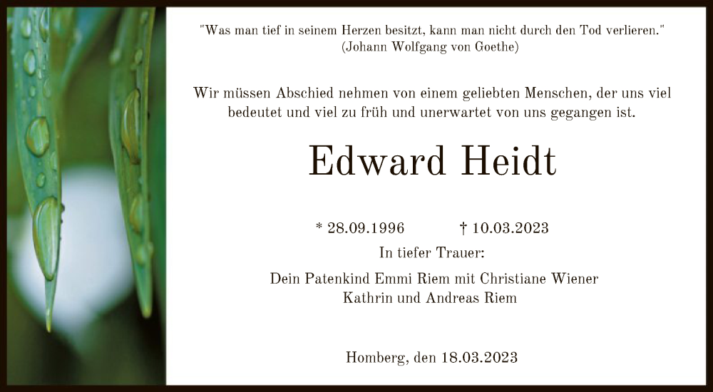  Traueranzeige für Edward Heidt vom 18.03.2023 aus HNA