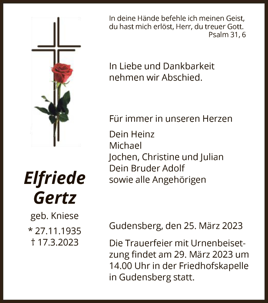  Traueranzeige für Elfriede Gertz vom 25.03.2023 aus HNA