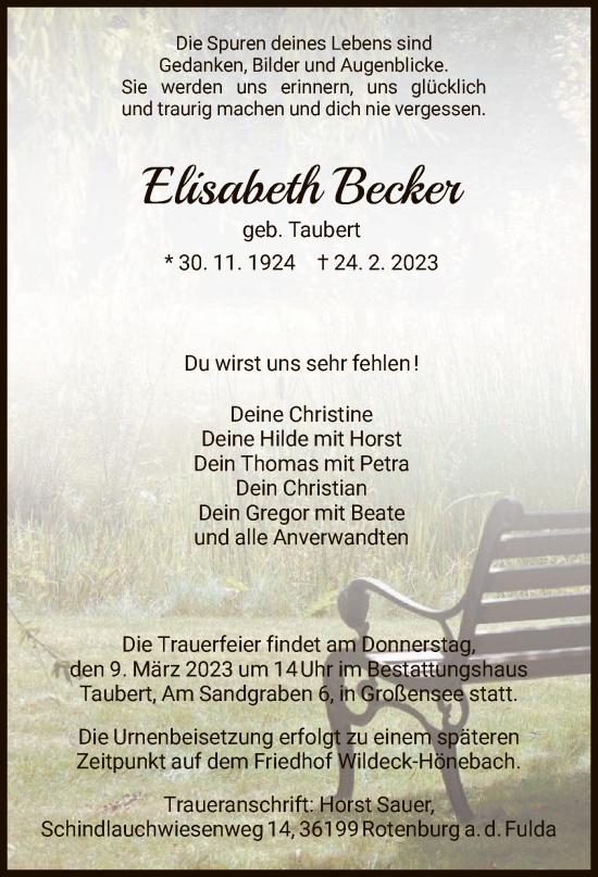 Traueranzeige von Elisabeth Becker von HNA