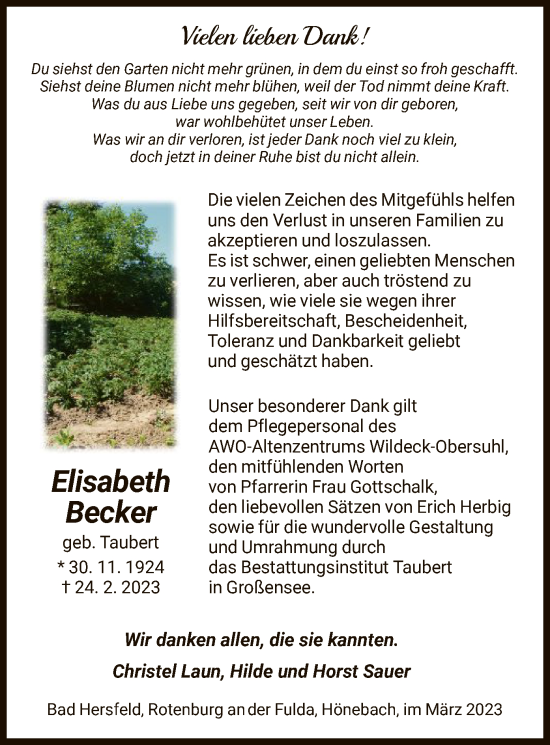 Traueranzeige von Elisabeth Becker von HNA