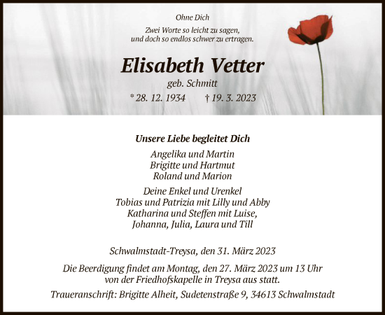 Traueranzeige von Elisabeth Vetter von HNA