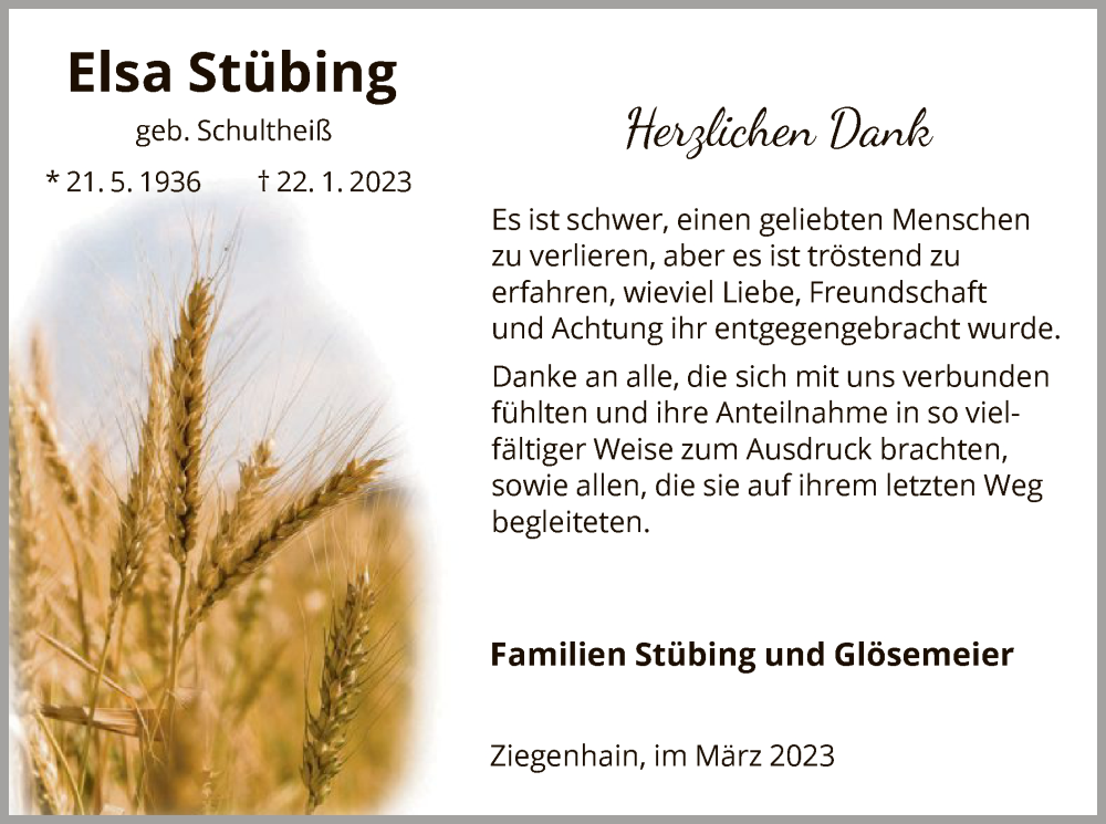  Traueranzeige für Elsa Stübing vom 11.03.2023 aus HNA