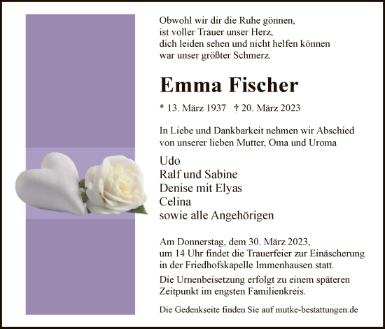 Traueranzeige von Emma Fischer von HNA