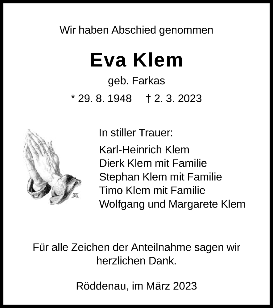  Traueranzeige für Eva Klem vom 18.03.2023 aus HNA