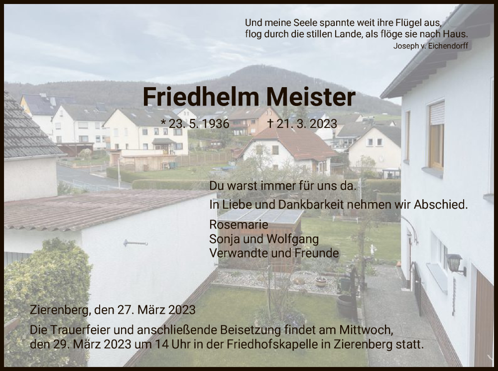  Traueranzeige für Friedhelm Meister vom 27.03.2023 aus HNA