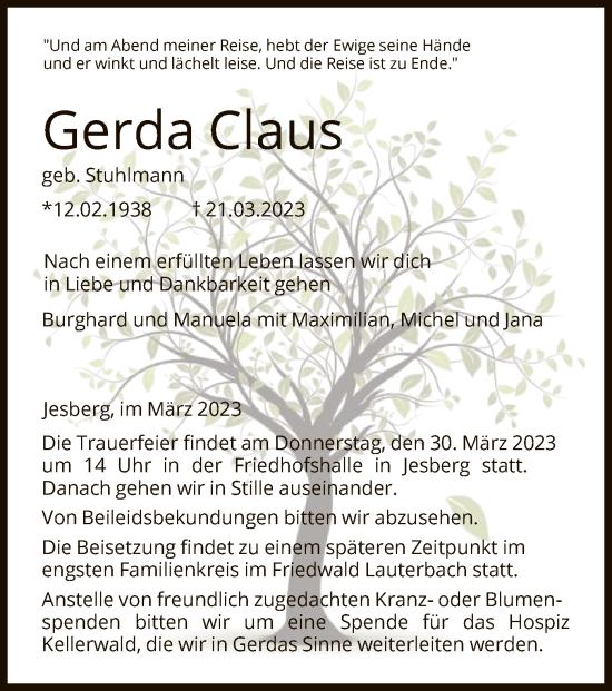 Traueranzeige von Gerda Claus von HNA